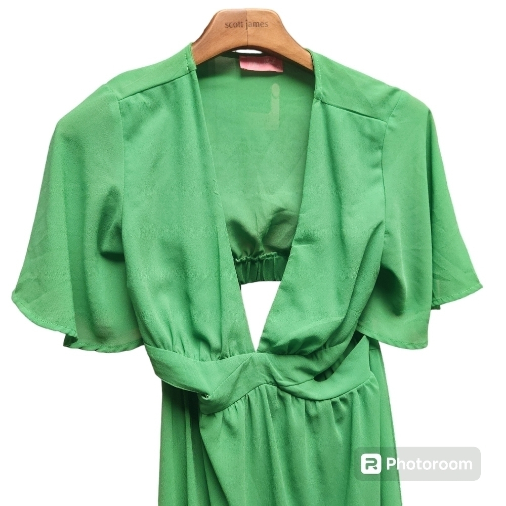 Lilly's Kloset Green Chiffon Temperament Low-cut Waist Dress Short Sleeve Sz. L - Picture 7 of 9